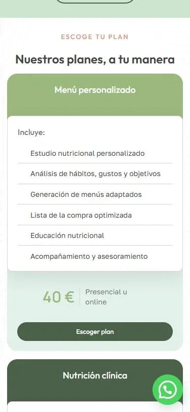Planes con precio en la portada de la web de Ana Maté