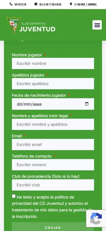 Formulario de inscripción a las pruebas de captación del CD Juventud