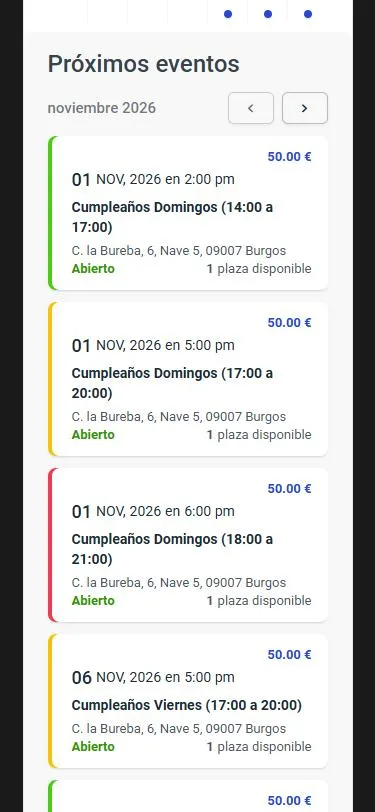 Turnos de cumpleaños con hora, precio y plazas libres en la web de D3 Burgos